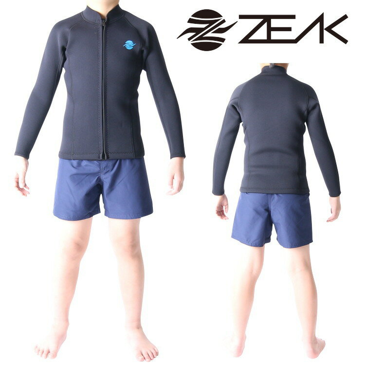 ●ブランド：ZEAK(ジーク) ●商品番号：ZSJ2LNF ●タイプ：子供用長袖タッパ ●生地厚：2mm ●カラー：ブラック ●サイズ展開：6号, 8号, 10号, 12号, 14号, 16号 ●サイズチャート サイズ/年齢/身長/体重/胸囲/腹囲/尻囲 6号/5-7歳/115cm/18-26kg/62cm57cm/64cm 8号/7-9歳/125cm/24-32kg/66cm/61cm/68cm 10号/9-11歳/135cm/28-36kg/71cm/63cm/73cm 12号/11-13歳/145cm/30-40kg/75cm/65cm/78cm 14号/13-15歳/153cm/40-50kg/79cm/67cm/82cm 16号/15-16歳/161cm/50-60kg/84cm/70cm/86cm ●商品説明 ZEAK(ジーク)の子供用ウェットスーツ「長袖タッパ」です。生地厚はオール2mmとなります。上半身長袖タイプのウェットスーツ。フロントファスナー仕様で着脱が容易。夏の寒い日や風の冷たい日に重宝する。ウェットパンツやボードショーツ（サーフパンツ）と組み合わせて着用する。ロングジョンやショートジョンとの組み合わせ（重ね着）も可能。夏場の海水浴でも保温性のないラッシュガードの代わりに着用する人も多い。川や湖などでの水遊びでも大活躍する。 ●SPEC(仕様) ・ジャパンフィット 日本人の体型を考慮した型紙を元に生地を裁断、縫製しています。日本人特有の胴長、手足短といった体型にフィットするウェットスーツを創り上げました。 ・3Dデザイン 平面では捉えきれない体の凹凸を考慮した3D(立体)デザインを採用。体のラインに沿ったデザインがウェットスーツ本来の性能を発揮します。 ・モーションパターン 運動性を損なわないように身体の可動部分に縫製箇所を配置しないパターンを採用。ウェットスーツを着用した時の身体への負荷を軽減します。 ・フレックスフォーム 身体の動きが激しいサーフィンなどのウォータースポーツに対応できるよう伸縮性のあるCRネオプレーンゴムを使用。低密度で軽量なためウォータースポーツには最適な生地。 ●DETAIL(ディテール) ・フラットロックステッチ 生地と生地の縫い合わせはフラットロックステッチを採用。耐久性に優れた丈夫な縫製方法で、ウェットスーツを長持ちさせます。 ・表面ナイロン生地(全身) ウェットスーツの表面には耐久性が高い(摩擦や外的圧力に強い)ナイロン生地を使用。ウェットスーツを長持ちさせ、初心者の方や取扱いに慣れていない方にも安心。 ・YKKファスナー 耐久性とスムーズさが求められるファスナーには、信頼のおける「YKKファスナー」を使用。コスト高ではありますが、ウェットスーツファスナーの重要性を熟知しているからこその選択です。 ・フルオープンジップ フロントファスナーはフルオープンタイプ。ジャケット感覚で着用することが可能で体温調整し易い。 ・ファスナーガード ファスナーの内側に生地を充てることにより、ファスナー部分から侵入した水がダイレクトに肌に触れないようになっています。 ・パドルゾーン 脇下部分にパドルゾーン(完全にフィットさせず少し余裕を持たせた構造)を設置。サーフィンにおけるパドリング時の肩周りの負荷を軽減します。商品詳細 ブランド ZEAK(ジーク) 商品番号 ZSJ2LNF タイプ 子供用長袖タッパ 生地厚 2mm 素材 ネオプレーンゴム、ナイロンジャージ カラー BLK(ブラック) サイズ 6号、8号、10号、12号、14号、16号 商品説明 ZEAK(ジーク)の子供用ウェットスーツ「長袖タッパ」です。生地厚はオール2mmとなります。上半身長袖タイプのウェットスーツ。フロントファスナー仕様で着脱が容易。夏の寒い日や風の冷たい時にも重宝する。ウェットパンツやボードショーツ(サーフパンツ)と組み合わせて着用する。ロングジョンやショートジョンとの組み合わせ(重ね着)も可能。夏場の海水浴でも保温性のないラッシュガードの代わりに着用する人も多い。川や湖などでの水遊びでも大活躍する。