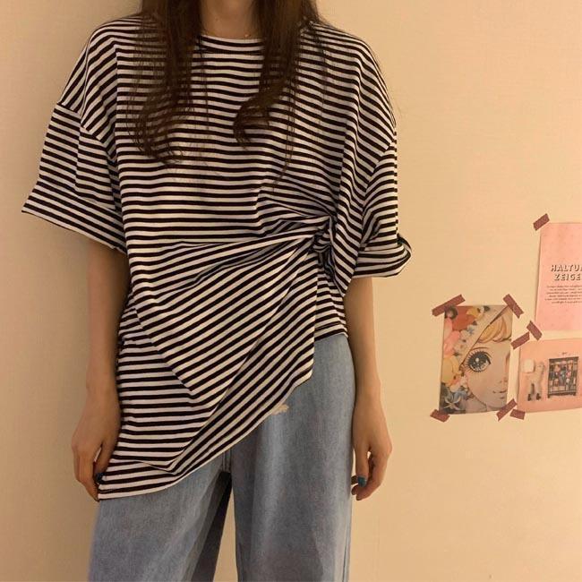 PORTER - Tシャツ レディース ゆったり 半袖Tシャツ ボーダー柄 夏Tシャツ 五分丈袖 縞柄 Tシャツ クルーネック カットソー サマーTシャツ 丸首