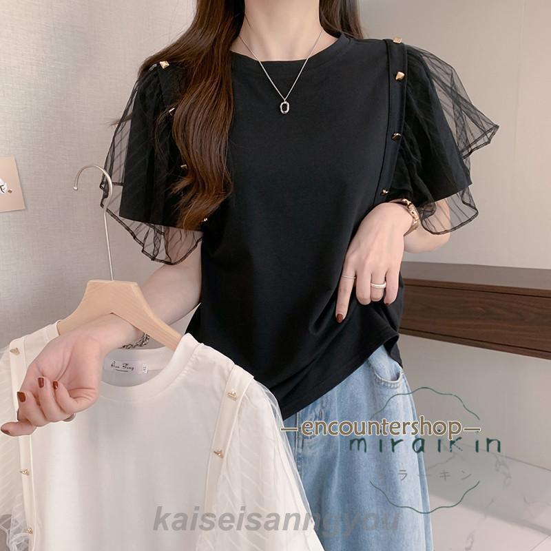 Other - Tシャツ レディース トップス 半袖 カットソー フレアスリーブデザインTシャツ 無地 クルーネック 大きいサイズ リラックス カジュアル キレイめ 着心地