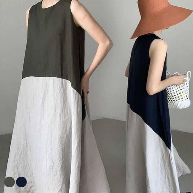 Sleeveless - リネンワンピース レディース ロングワンピ ノースリーブ 夏 ワンピース 綿麻 バイカラー ドレス タンクワンピ Aライン マキシ丈 体型カバー