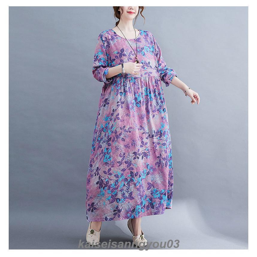 リネン秋ワンピース 綿麻 リネンワンピース ラウンドネック麻 リネンワンピ 麻ワンピ 長袖 花柄ゆったり