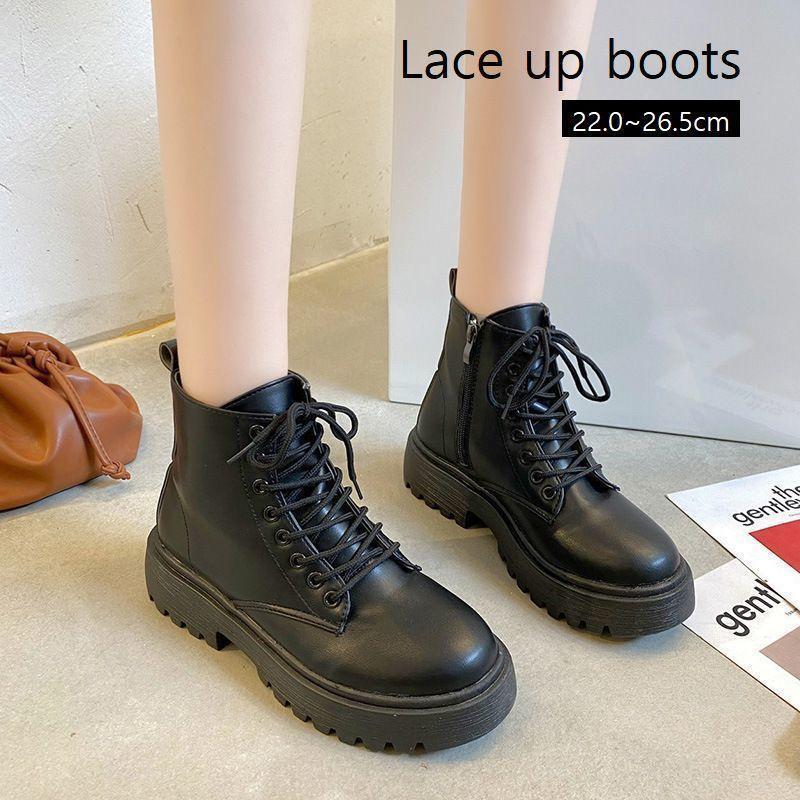 ショートブーツ レースアップ アンクルブーツ レディース 靴 タンクソール サイドジップ 編み上げ ワークブーツ 厚底 ブラック 黒 カジュアル 定番