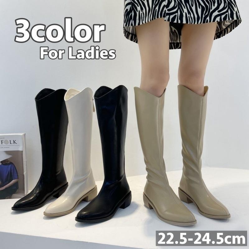 ロングブーツ レディース 女性 靴 ミディアムヒール 太ヒール ポインテッドトゥ バックジップ ジップアップ ファスナー 無地 単色 シンプル 合わせ