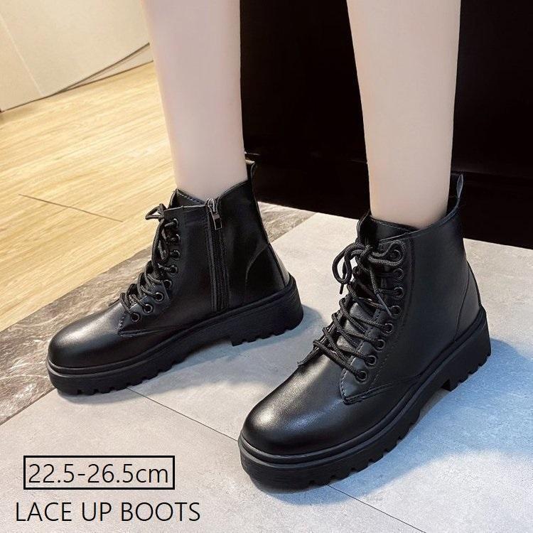 ショートブーツ レースアップブーツ アンクルブーツ レディース 女性 婦人 靴 くつ ローヒール ファスナー 靴紐 編み上げ 厚底 タンクソール サイ