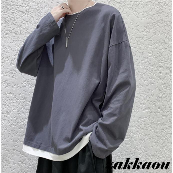 Rakuten - Tシャツ メンズ 重ね着 長袖 秋 春 丸首 大きいサイズ トップス カジュアル ゆったり お兄系