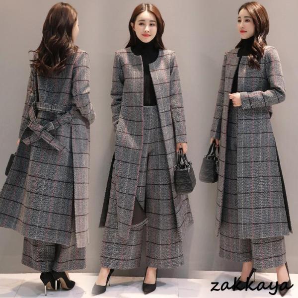 レディース 2点セット コート+ズボン ワイドパンツ 春秋冬 ラシャコート チェック柄 マキシ丈 長袖 セットアップ 大きいサイズ 着痩せ ゆったり 花嫁二次会...