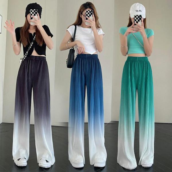 Nylon, Rayon, Polyester - ボトムス ワイドパンツ グラデーション ストレート パンツ ズボン レディース プリーツ ハイウエスト ストリート 大きいサイズ ガウチョパンツ
