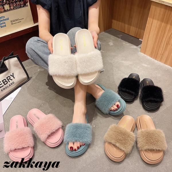 スリッパ レディース サンダル ファー ファーサンダル すりっぱ かわいい 冬 大きいサイズ フラットサンダル 全5色