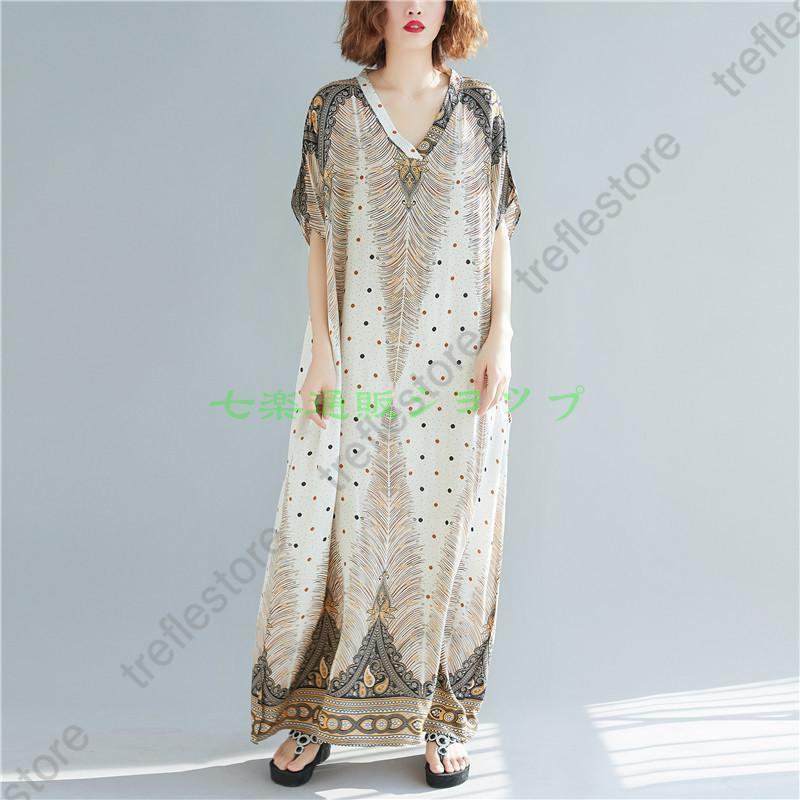 ワンピース夏 マキシワンピース リゾートワンピース ゆったり ボヘミア風 体型カバー しゃれワンピース ゆる カジュアル お遊び ハワイアン 海旅行 ファッション