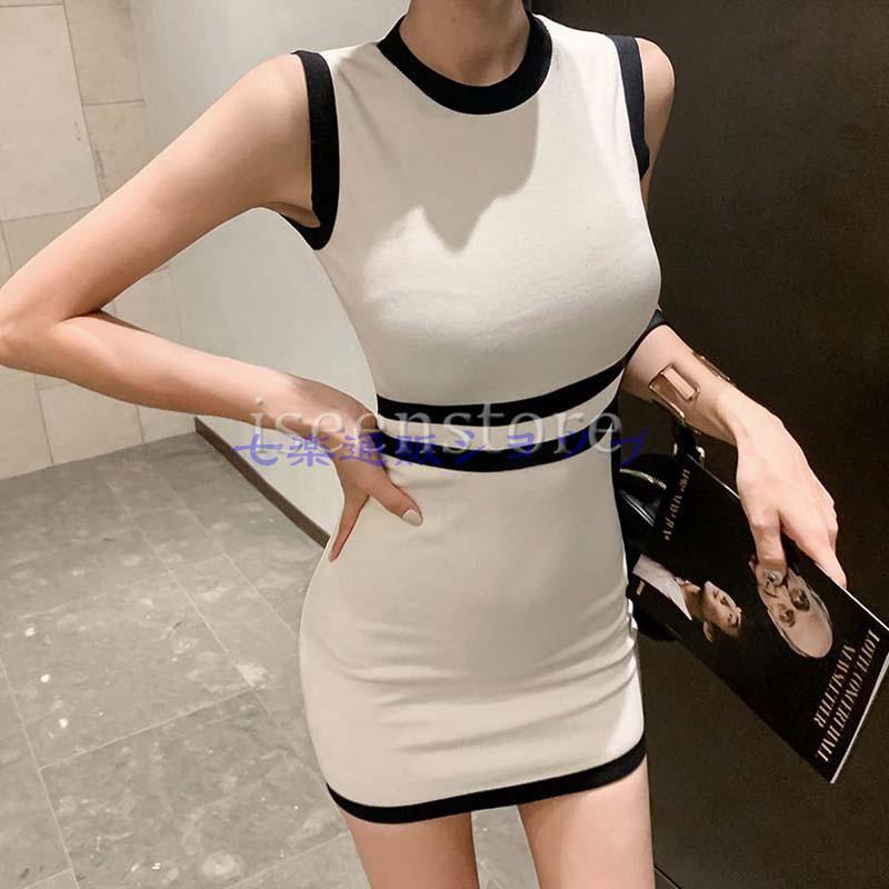 エレガント きれいめ ミニ丈 タイトワンピース レディース リブニット 丸首 配色 ニットワンピース ノースリーブ 通勤 パーディー お洒落 着痩せ 韓国風 OL