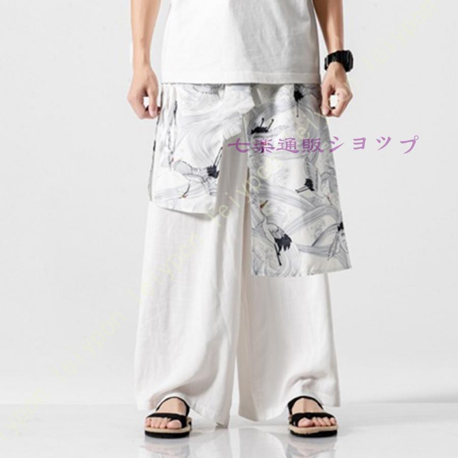 休闲裤 - サルエルパンツ メンズ レディース スカート付き レイヤード スカーチョ 大きいサイズ 黒/柄 ウエストゴム ワイドパンツ アジアン ボトムス エスニック