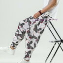サルエルパンツ メンズ 花柄 綿麻 ダンス ワイドパンツ 柄 メンズ ガウチョパンツ 春 ロング丈 大きいサイズ 袴パンツ サルエル パンツ サルエルパンツ