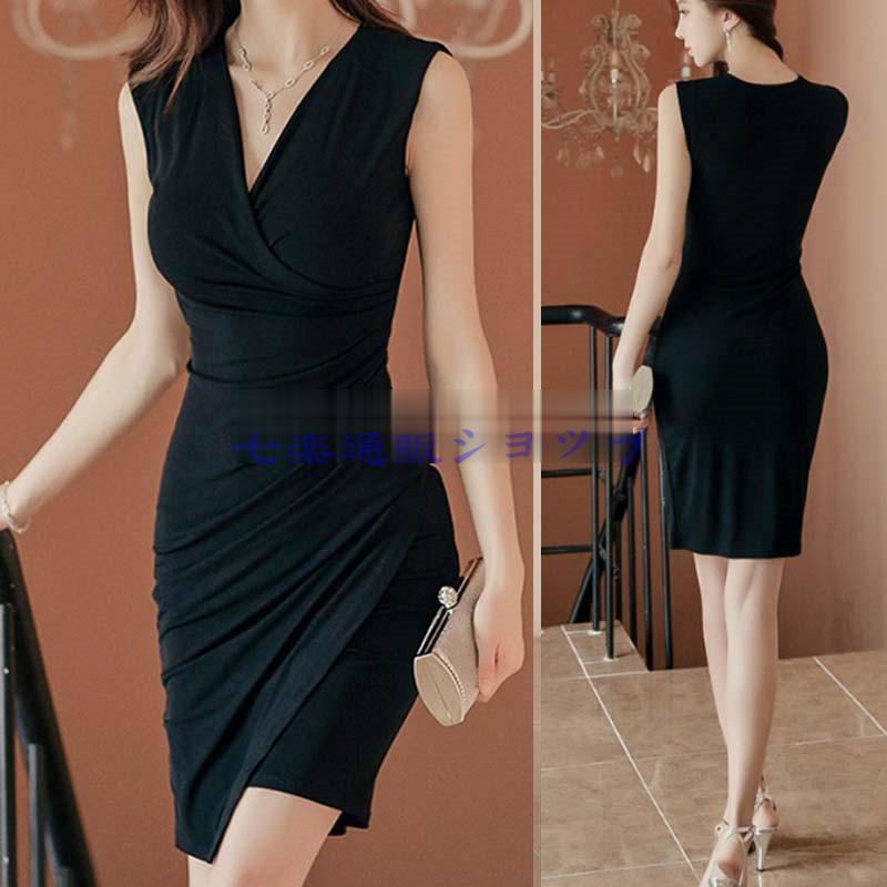カシュクール Vネック ノースリーブ タイトワンピース レディース アシンメトリー 無地 スリム 膝上丈 大人エレガント 通勤オフィス 着痩せ ミセス30代 40代