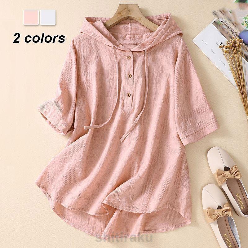 パーカー Tシャツ レディース ブラウス 春 夏 リネン フード付き チュニック 半袖 シャツブラウス 綿麻 トップス 着心地 プルオーバー ゆったり 体型カバー