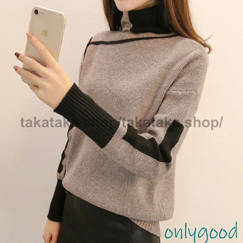 ニットセーター レディース 40代 秋冬 長袖 ニットソー 配色 ハイネック 韓国風 ニットセーター トップ..