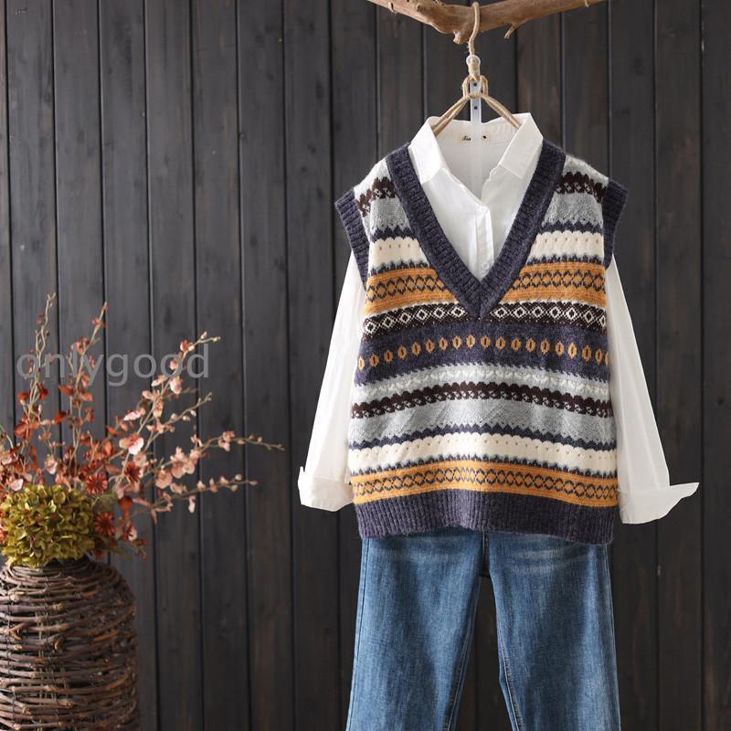 V-Neck - ニットベスト レディース 40代 ボーダー柄 vネック 上品 セーター韓国風 オシャレ シンプル 体型カバー 仕事 通勤 着痩せ 秋服 韓国風