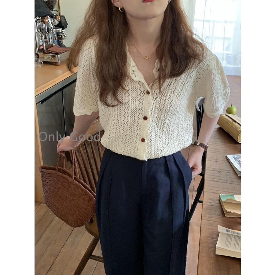 カーディガン カギ編みニット 半袖 Vネック クロシェニット サマーニット トップス レディース ニット カットソー セーター 可愛い フェミニン きれいめ 春