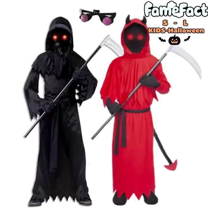 ハロウィン 死神 衣装 子供 コスプレ 仮装 鎌 デビルガイコツ 怖い 赤 黒 男の子 女の子 キッズ コスチューム イベント パーティー 学園祭 お化け屋敷 かっこい