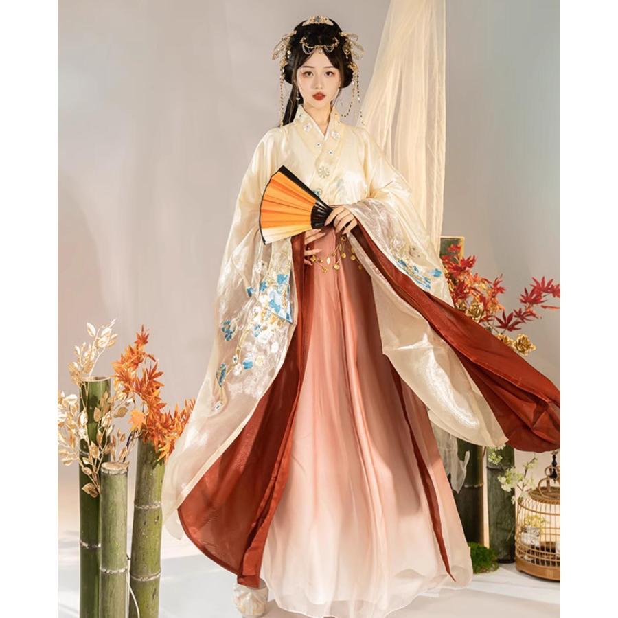 レディース 中華コスプレ衣装 華やか3点セット 振袖 交差襟 色違いブラウス2枚+巻きスカート 光沢感 花刺繍 中国古代 皇后 貴妃 コスプレ 仮装 変装 ウエ...