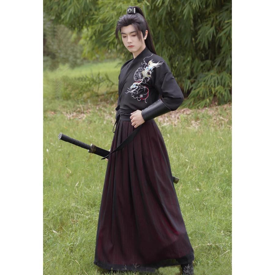 中華コスプレ 衣装 袖カバー付き おしゃれ 黒赤 暗色系 交差襟 ブラウス＋黒赤二枚生地 袴風 巻きスカート エスニック 刺繍 メンズ レディース 男女兼用 侠客 武