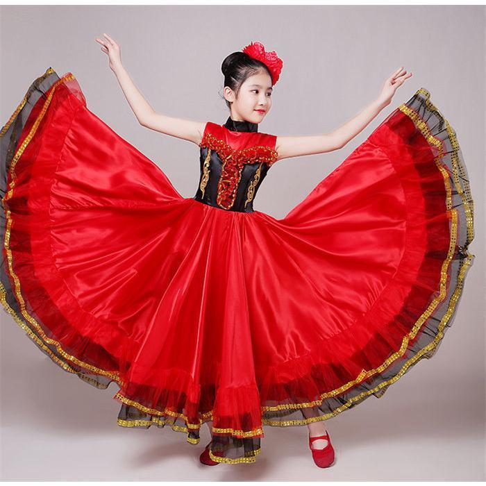 ラテンダンス衣装 子供 ダンス衣装 女の子 ワンピース ドレス 大きい裾スカート モダンドレス 広がる ロング丈 民族風 タンゴダンススカー 360°540°720°ステ