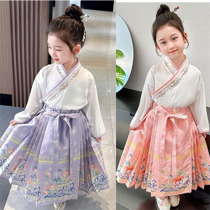 2点セット トップス+マミアンスカート キッズ 女の子 中国風セット スカート ロングスカート 巻きスカート Aライン 馬面裙 漢服 民族風 コスチューム衣装 ...