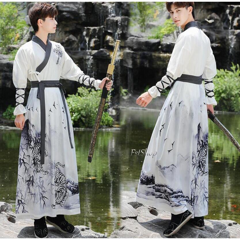 メンズ漢服コスプレ服 舞台ステージダンス衣装 唐装 2点セットアップ演出服 レディース古代コスプレ衣装カジュアル大人用 長袖 交差襟コスプレ衣装 トップス 袴