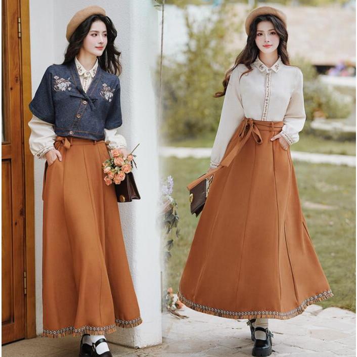 改良漢服 レディース中華風スカートセット 刺繍ベスト 長袖刺繍シャツ チャイナシャツ 秋冬レトロ可愛い中華漢服 森ガール 普段着 ステージ衣装 写真