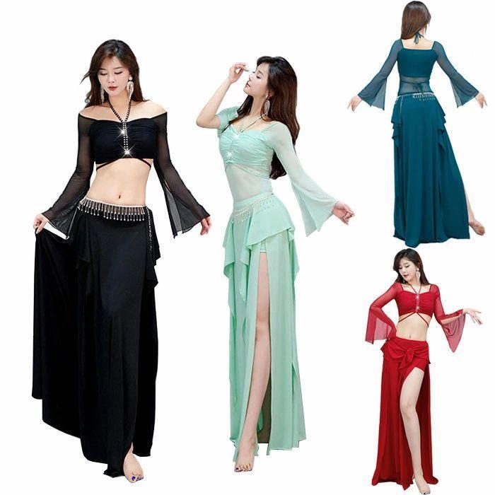 レディース ベリーダンス衣装 レッスン着 上下セット トップス スカート 長袖 フレア袖 へそ出し フリル付き インナーパンツ付き サイドスリット メッシュ 練...