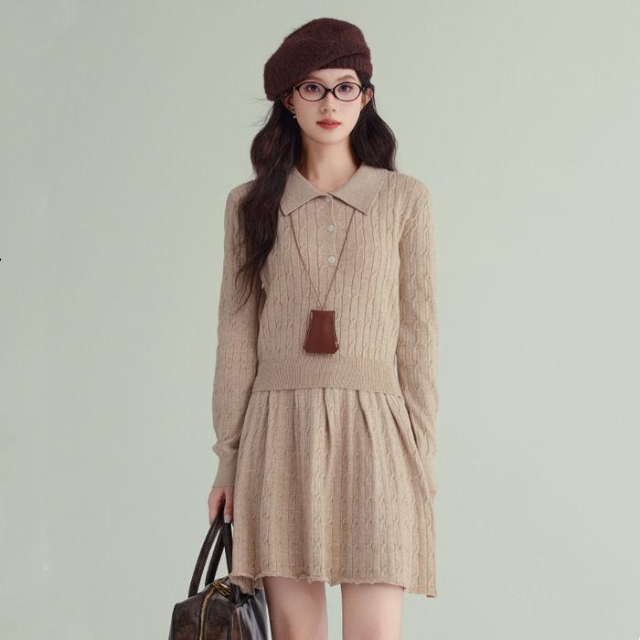 ニットセット 2点セット ブラウス+スカート レディース 秋 春 冬 リブニット ケーブル編み 韓国 ニットセーター 20代 30代 長袖 スタイル 着痩せ 通...