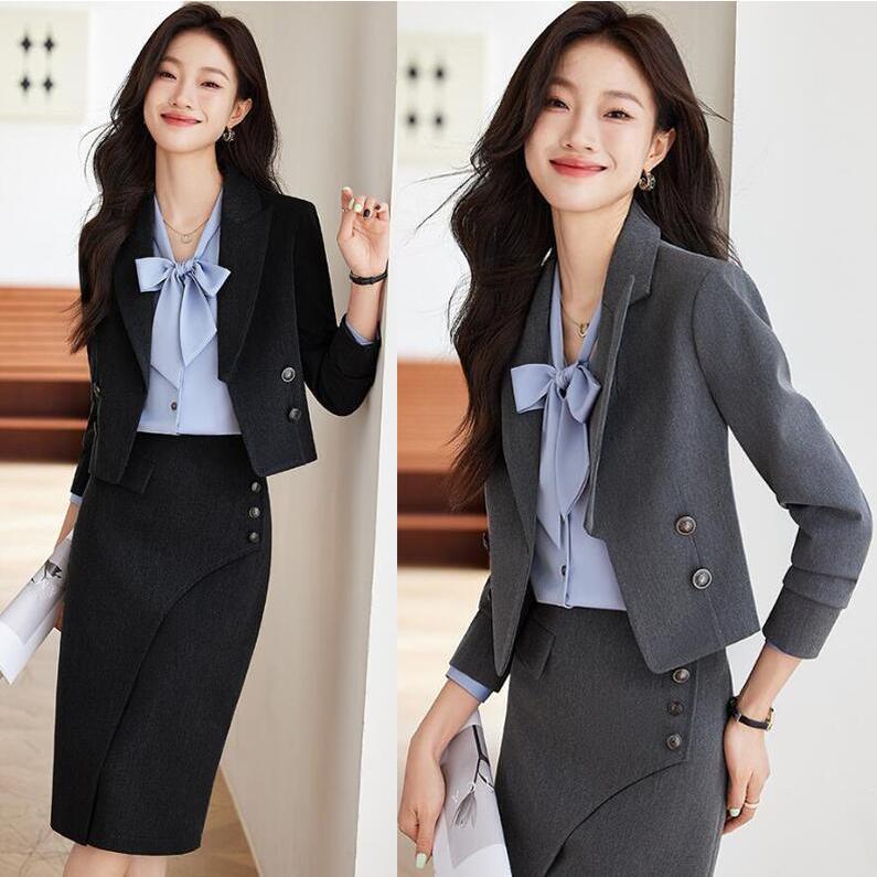 レディーススカートスーツセット ビジネス 制服OL スーツコート スカート ショート丈ジャケット 長袖ワイシャツ リボン無地 大学生 20代 30代 40代