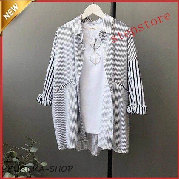 ブラウスシャツロングシャツストライ...