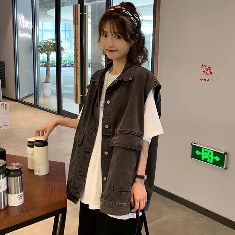 ベスト デニムベスト 前開き カジュアルジャケット デニムジャケット ショート コンパクト アメカジ ノースリーブ トップス レディース ブルー グレー 重ね着 レ