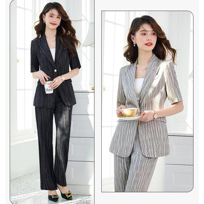 レディースパンツスーツセット ビジネス夏ストライプ柄スーツ2点セットアップ エレガント 3色 半袖テーラードジャケット 長ズボン スラックス女性通勤フォーマ