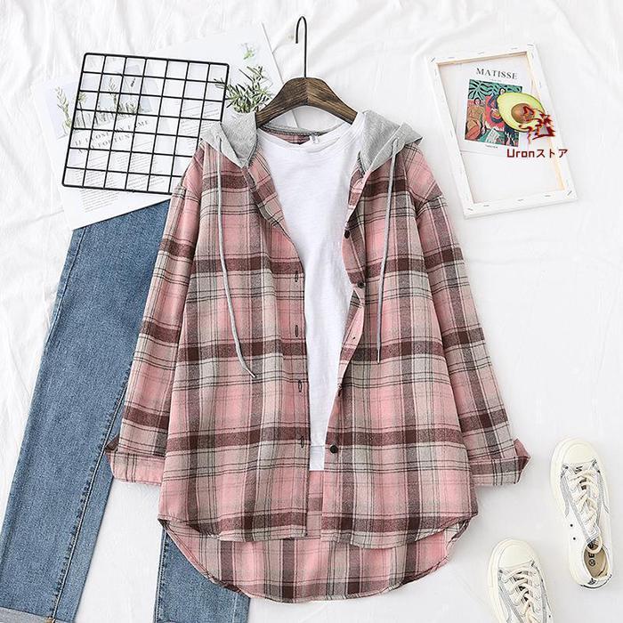 チェック柄 シャツ 長袖 レディース チェック柄 シャツ 大きいサイズ トップス ユニセックス 長袖シャツ シャツブラウス 春 シャツジャケット 羽織り フード付