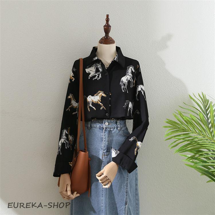 樂天商城 - シャツ レディース トップス ブラウス シャツブラウス 長そで 長袖 柄シャツ 総柄 馬 馬柄 衿 襟 大きいサイズ ゆったり 春 シャツブラウス おしゃれ きれいめ