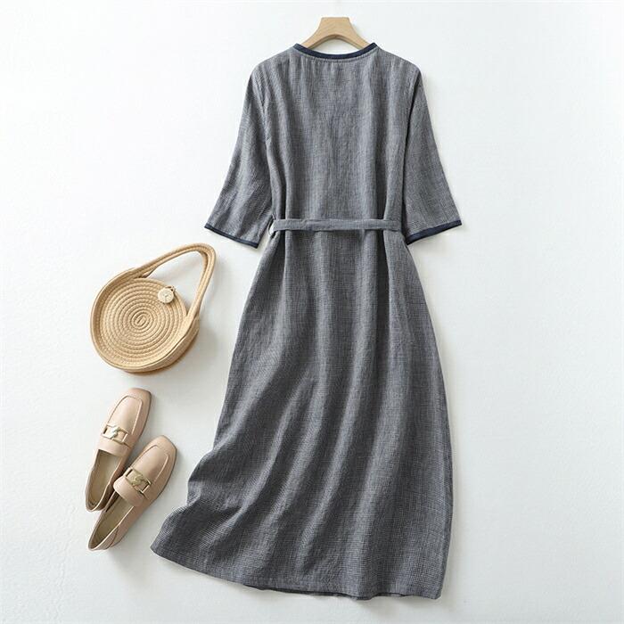 シャツワンピース ワンピース ロングワンピース レディース 半袖 夏 チェック柄 マキシ丈 Aライン Vネック 綿麻風 ワンピース シャツワンピ 体型カバー ゆったり きれいめ カジュアル オフィス フレア ワンピース 通勤 大人 こなれ感 ナチュラル 涼しい 30代 40代 50代 3