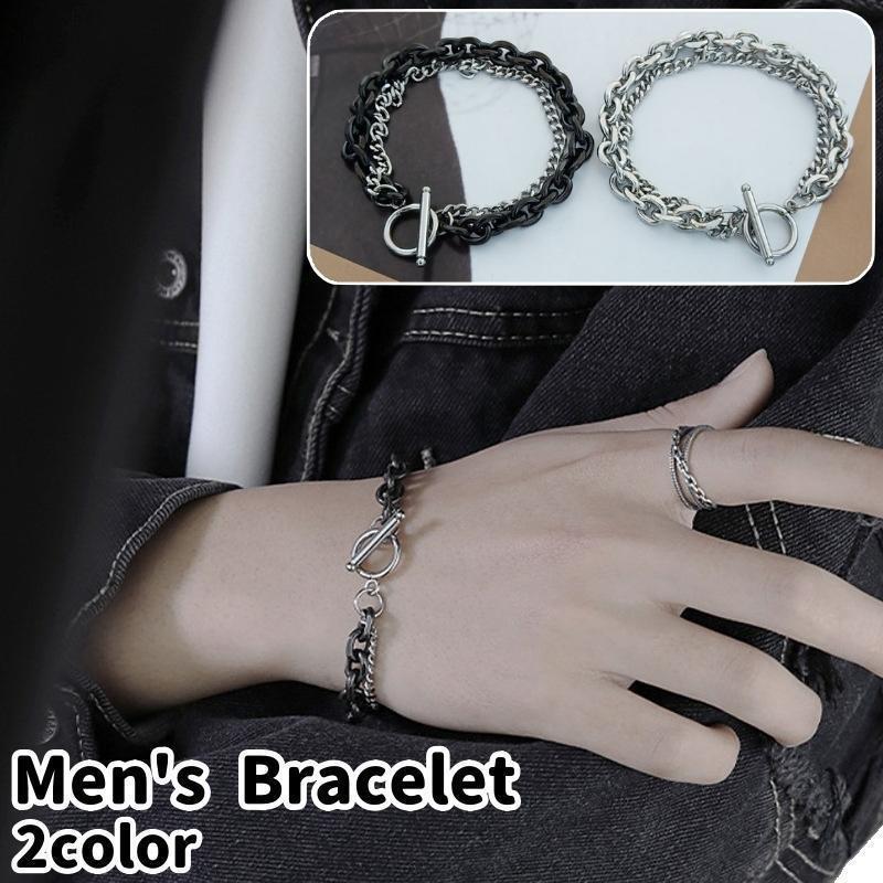 ブレスレット 腕輪 メンズ 男性 紳士 腕飾り アクセサリー チェーン 2連 2重巻き 二重 黒 銀色 シルバーカラー ステンレス製 おしゃれ シンプ