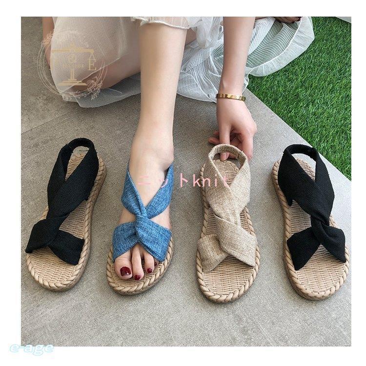 【楽天スーパーセール】夏の大活躍サンダル レディース フラット棉麻素材/柔らかい素材 スリッパ フラワー ぺたんこ ローヒール 歩きやすい 靴 シューズ