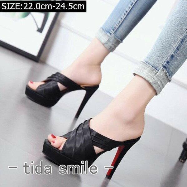 サンダル レディース ミュール ヒール 痛くない 脱げない 靴 黒 ブラック 美脚 疲れにくい ハイヒール 高い ヒール高め ストラップ クロスストラップ レディース