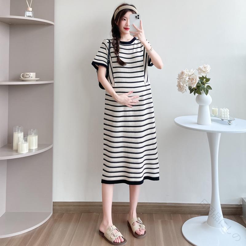 レディース ワンピース マタニティ 妊婦服 授乳服 春夏 ラウンドネック ストライプ柄 膝丈 Aライン 綿混紡 快適 杏色 ?色