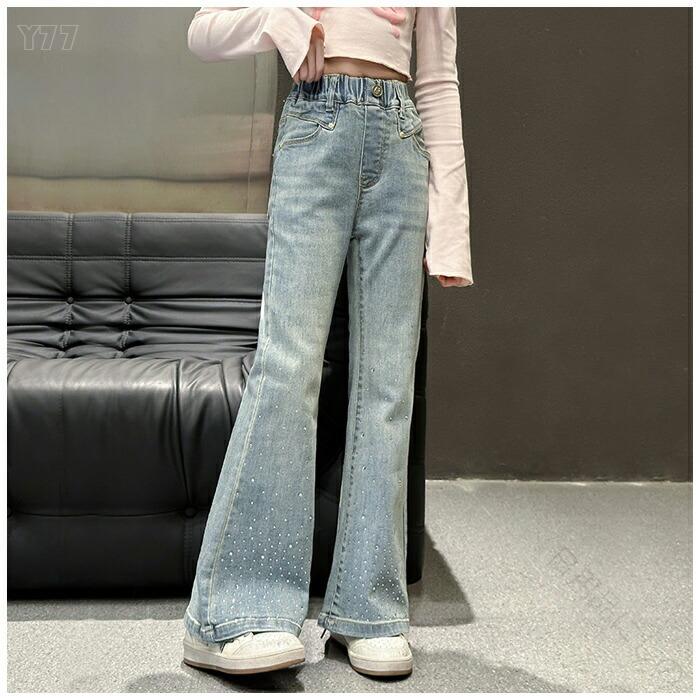 Long-Trousers, Trousers - 女の子 キッズ ジュニア服 韓国 子供服 デニム フレア パンツ デニムパンツ ジーンズ ブルー ブラック 120 130 140 150 160 170 おしゃれ 春着 夏着 秋着 通学着 子ども服 子供パンツ キッズパンツ ガールズ ズボン