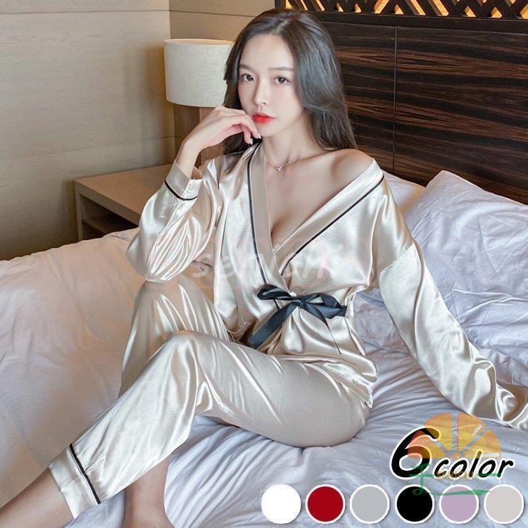 パジャマ ルームウェア レディース 春夏秋 長袖 パジャマ レション ルームウェア リボン vネック 上下セット 大人可愛い ランジェリー 女性 部屋着
