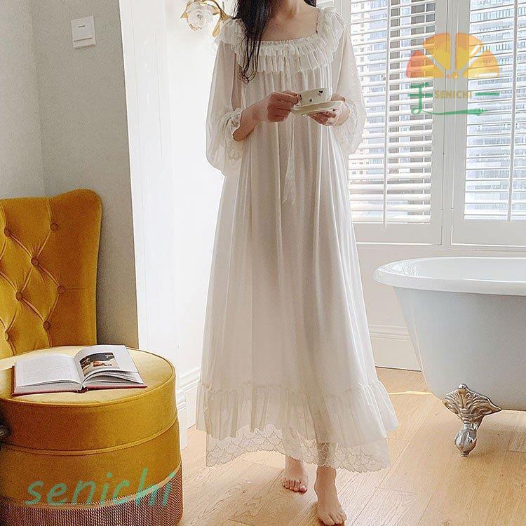 【楽天スーパーセール】レディース 白い 姫系 長袖 パジャマ 綿 レース チュール ワンピース ネグリジェ 寝巻き パジャマ ロマンティック 女性用 部屋着 ナイトウェア