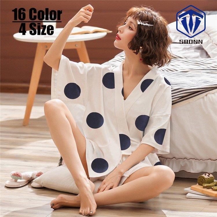 2点セット パジャマ ルームウェア レディース 純綿 ドット柄 和服 夏 カーディガン パジャマ半袖 ルームウェア 女性 可愛い 部屋着 寝巻き ランジェリー