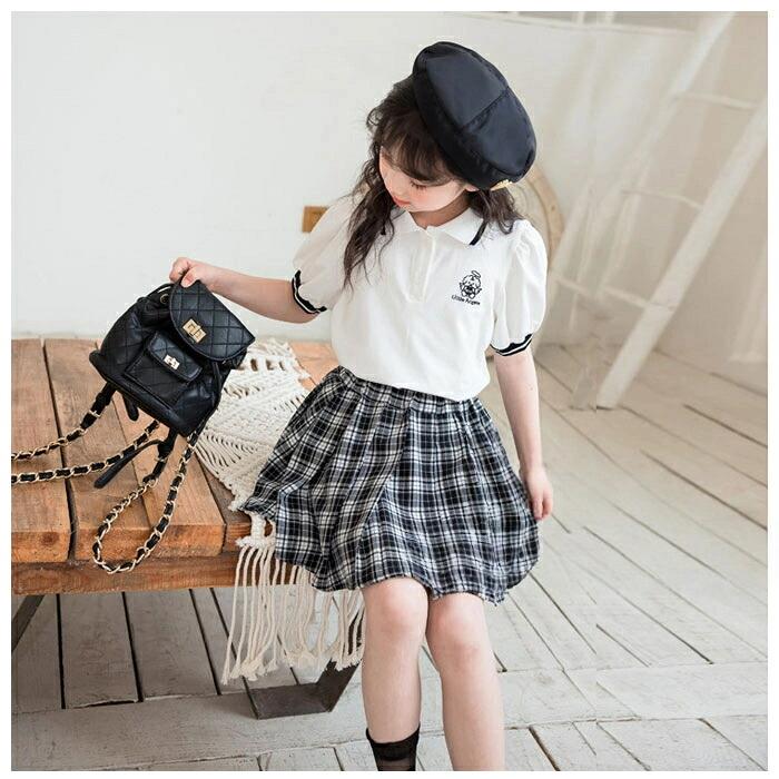 韓国子供服 女の子 セットアップ 夏服 夏着 通学着 ポロシャツ+チェック柄スカート...
