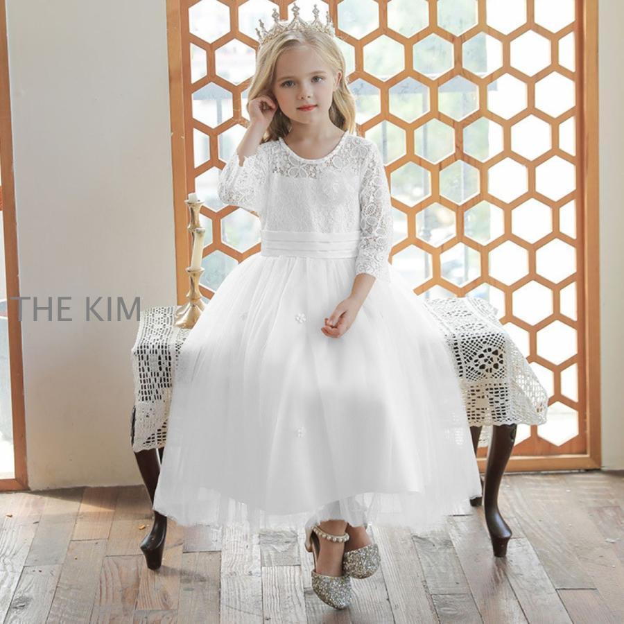 子供ドレスワンピース 発表会 ピアノ結婚式 キッズドレス コンクール 袖あり フォーマル フラワーガール シャンパンホワイト
