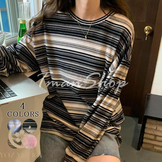 Rakuten - 長袖tシャツ カットソー レディース 長袖 トップス 秋 tシャツ 長袖 ボーダー トップス 大きいサイズ 体形カバー ゆったり カジュアル お洒落 秋物