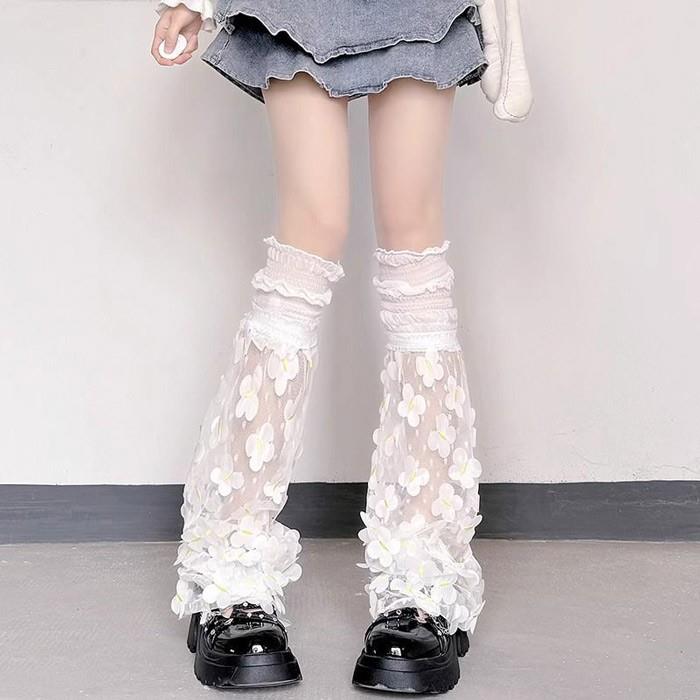 ロリータ風 ソックス 花柄 レース 立体フラワー レディース 靴下 かわいい 姫系 韓国風 甘ロリ コスプレ 衣装 ファッション小物 ホワイト 春 夏 秋 2