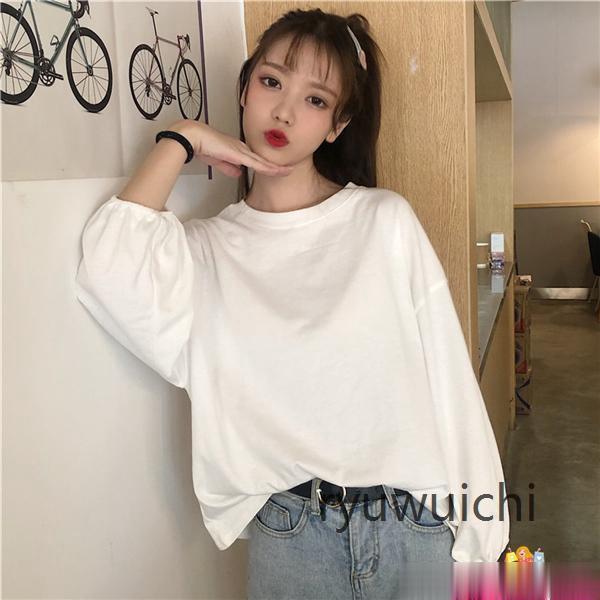 樂天商城 - ！！ロングTシャツ　少女 レディース パフスリーブ ゆったり 薄手 オシャレ ランドネック 春秋 無地 カットソー トップス